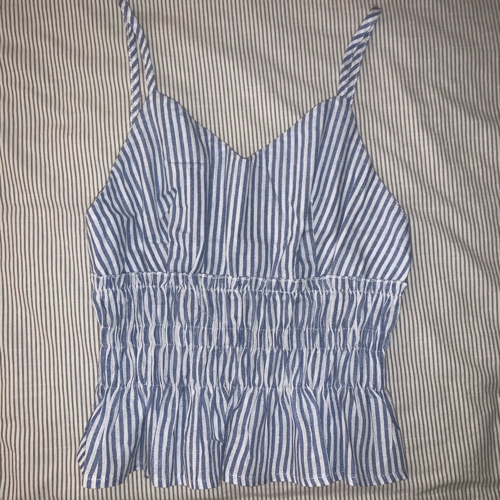 STRIPED SHIRRED RUFFLE HEM CAMI TOP
